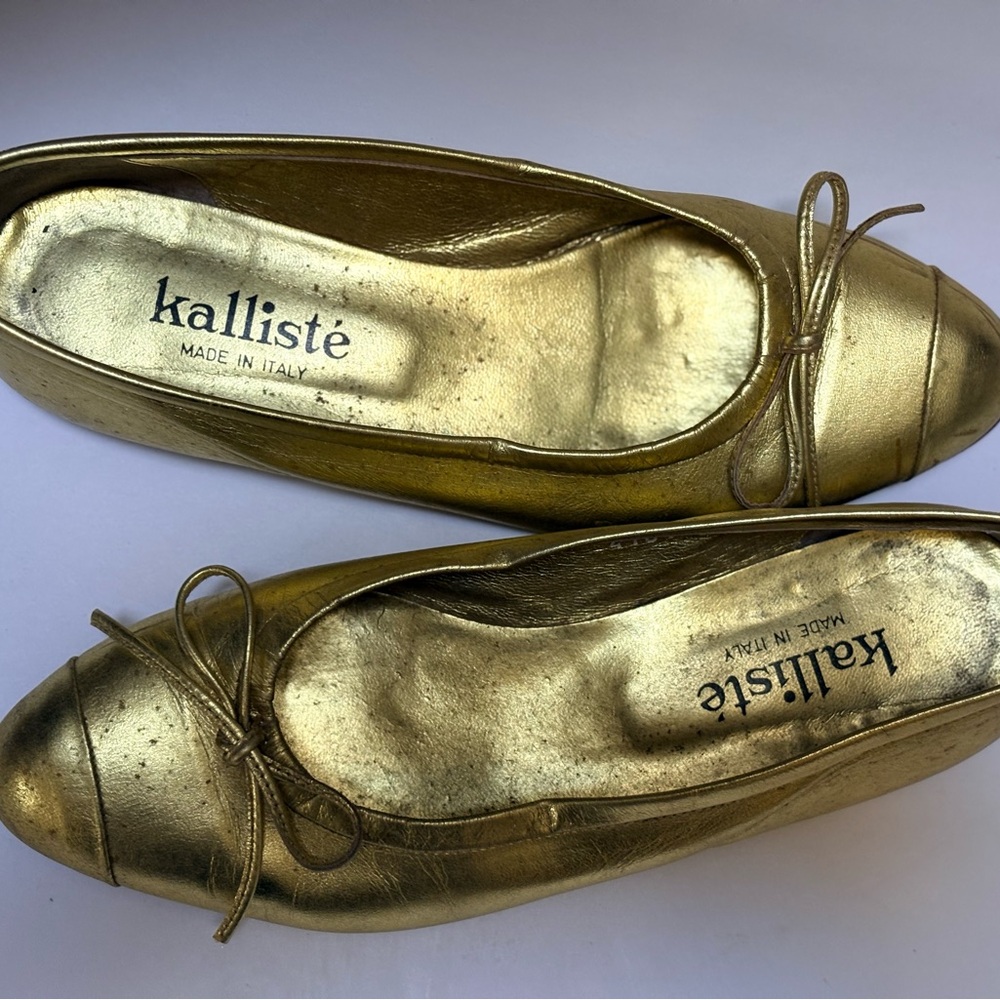Kalliste | Metallic Gold Italian Leather Ballet Flats w/ Bow - Women's 37/7